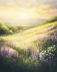 Fototapete Rund Vibrant wildflower field under a golden sunset in a tranquil valley landscape © Pavlinka