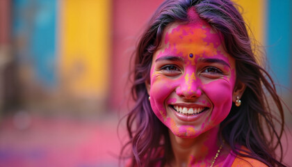 Fototapeta premium Joyful celebration of Holi with vibrant colors and smiles in a festive atmosphere