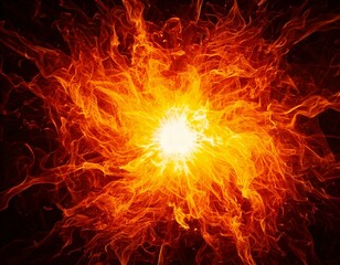 Dramatic fire and smoke effect glowing vibrant red, yellow, and orange colors, creating dynamic explosive motion radiating outward from intense fiery center with swirling, captivating, and vibrant vis