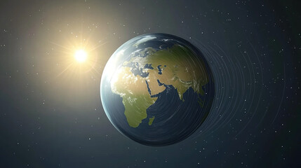 Fototapeta premium Earth axis diagram illustration showing the tilt of the Earth's rotational axis relative to its orbital plane, explaining the cause of seasonal changes and the distribution of sunlight.
