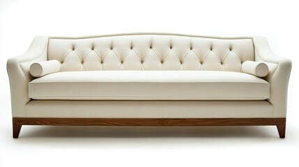 Elegant Cream Sofa with Wood Base and Button-Tufted Upholstery