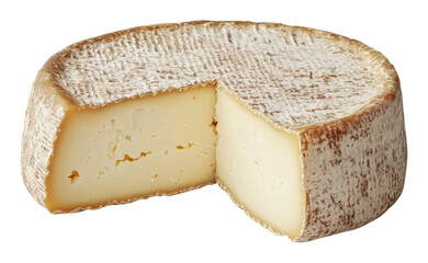 Delicious cheese wheel cut for tasting pleasure, cut out - stock png.