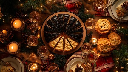 An aerial view of a Hogmanay spread with black bun cut into slices, whisky glasses arranged in a circle, and Scottish shortbread on a tartan cloth, warm lighting creating depth and richness,