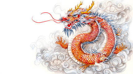 Vibrant Chinese Dragon Doodles, Playful and Whimsical 2D Illustrations for Posters, Tags, and Banners