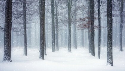 A serene winter landscape with snow-covered trees and a foggy atmosphere.