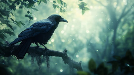 Fototapeta premium Raven perched on a branch, illuminated by soft glowing light in a misty forest setting, copy space
