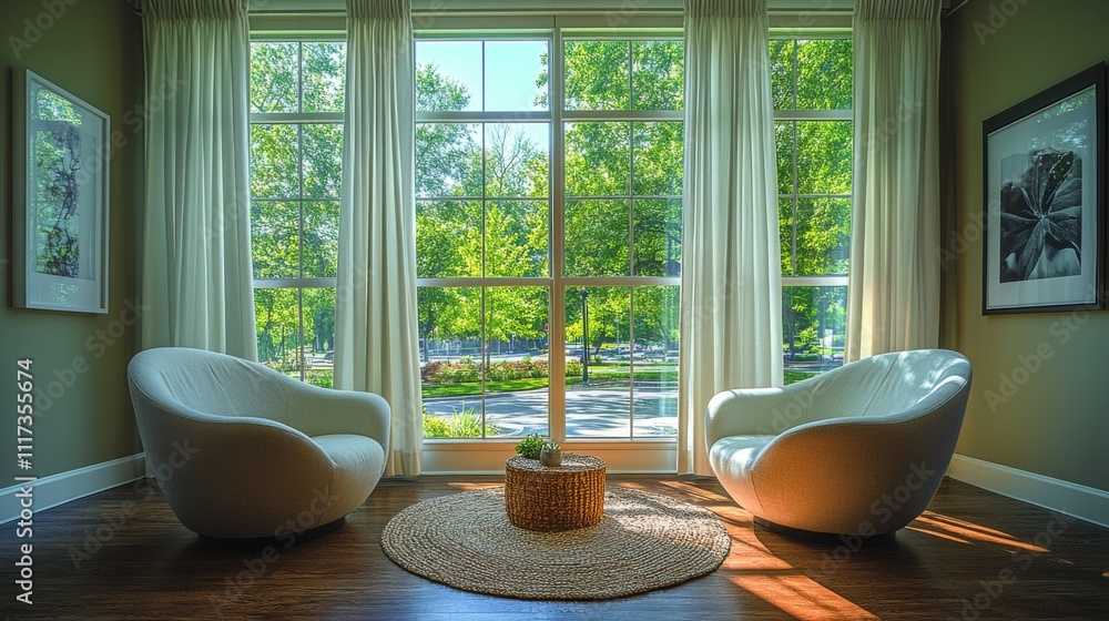 Poster two stylish white chairs are positioned around a small woven table by a large window. sunlight strea