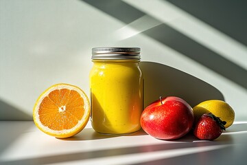 fresh smoothie jars placed beside vibrant fruit on plain white surface symbolizing veganuary health goals