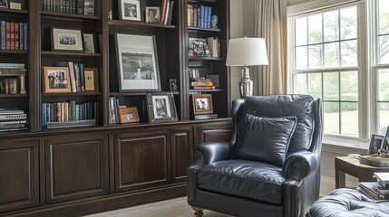 Cozy Reading Nook with Leather Chair and Inviting Bookshelf Decor