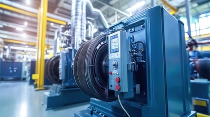 Industrial Machinery Close-Up: A Teal-Colored Engine in a Factory Setting