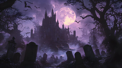 a spooky graveyard with flying tombstones, an ominous moon in the background, and ghostly creatures floating around. Scary Halloween banner background