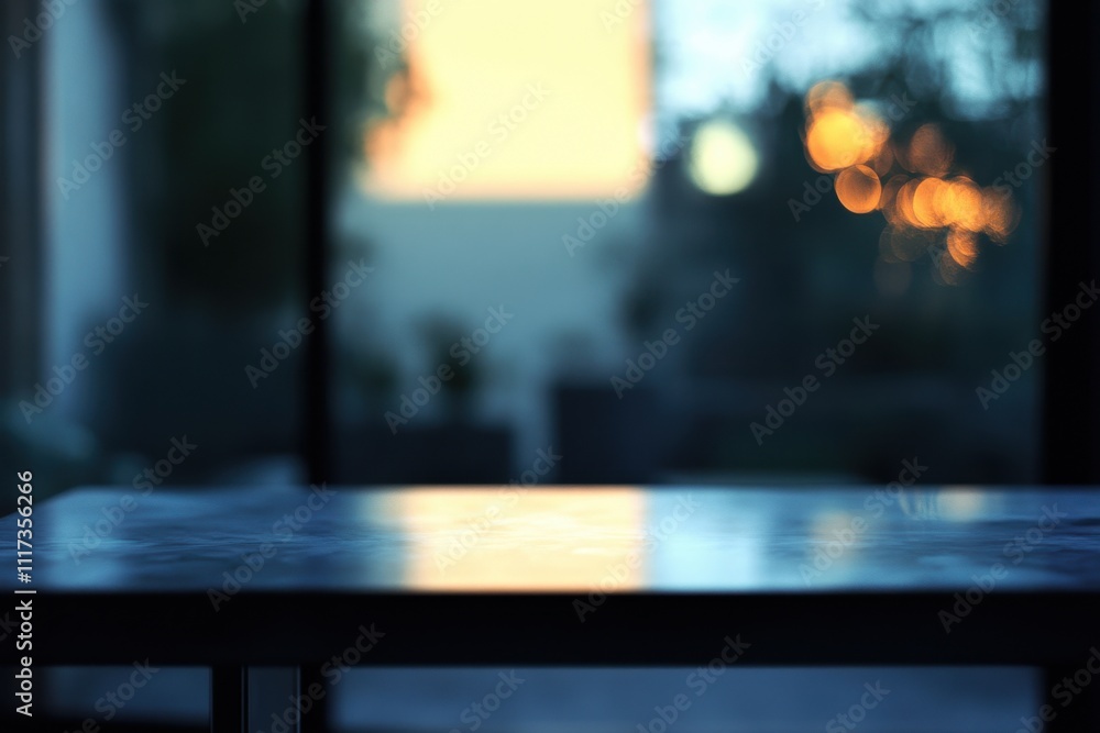 Aufkleber a blurred view of a table with a soft background of light and greenery.