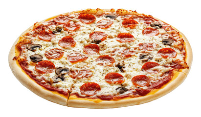 Classic pepperoni pizza with mushrooms and cheese, cut out - stock png.