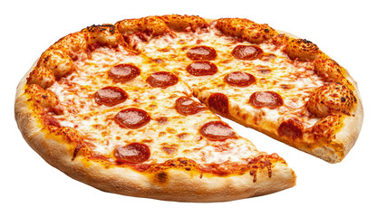 Delicious pepperoni pizza ready to serve, cut out - stock png.