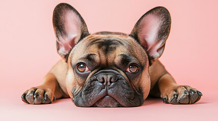 Cute puppy relaxing on pink background pet photography indoor room close-up view adorable concept for dog lovers