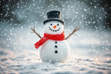 Fototapeta premium A cheerful snowman with a top hat and scarf stands in a snowy landscape, surrounded by falling snow.