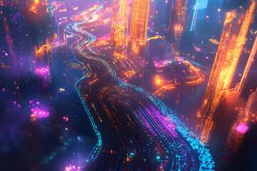 Fototapeta premium Vibrant cityscape illuminated by neon lights along a winding river at night