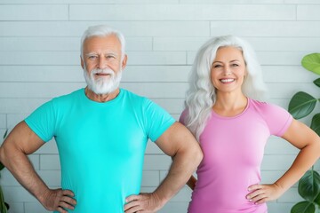 The elderly couple, both attractive and smiling, are in a simple room. Their white hair frames their faces as they stretch and perform sports exercises in their fitness clothing.