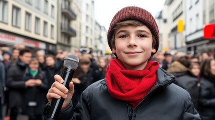 Young man speaking at a unity rally for peace in an urban square, cinematic photo