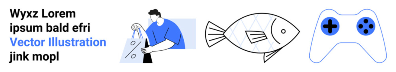 Man holding shopping bag wearing blue shirt, simple geometric fish drawing, white game controller with blue buttons. Ideal for e-commerce, shopping, minimalistic art, gaming, technology, fish vector