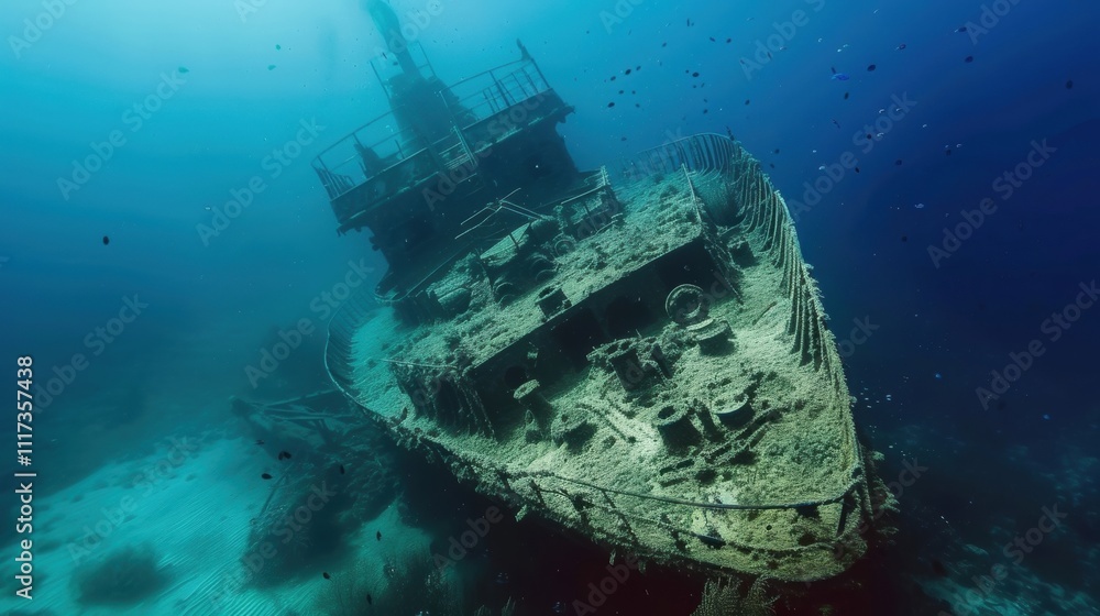 Poster underwater footage of a shipwreck with its rusty hull serving as a home to numerous marine creatures