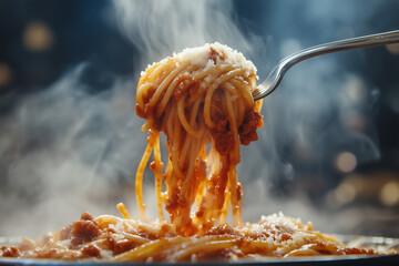 A white ceramic plate brimming with al dente spaghetti topped with a rich, hearty Bolognese sauce.