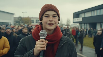 Young man speaking at a unity rally for peace in an urban square, cinematic photo