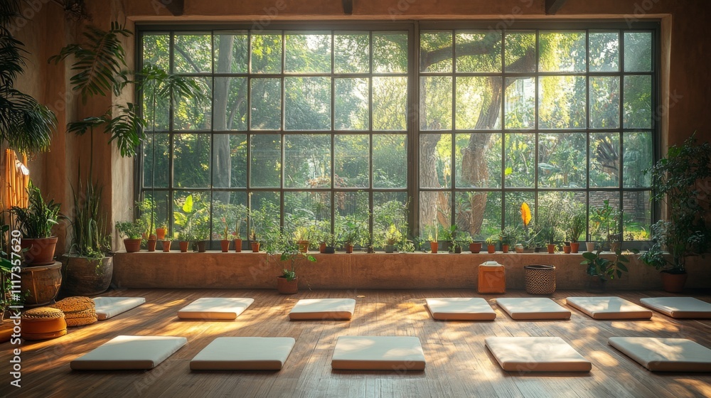 Poster sunlight streams through large windows into a tranquil meditation area filled with soft cushions, pl