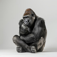 Fototapeta premium Sitting gorilla sits on gray background. Wild animal