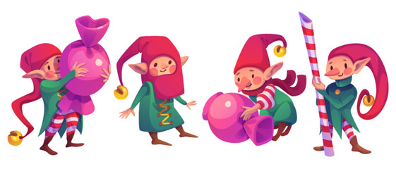 Cute elves in festive costumes carrying oversized candies and caramel cane. Santa Claus helpers in red hats, green outfits and striped leggings. Playful characters for Christmas greeting cards design.