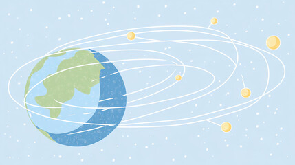 Fototapeta premium Earth axis diagram illustration showing the tilt of the Earth's rotational axis relative to its orbital plane, explaining the cause of seasonal changes and the distribution of sunlight.
