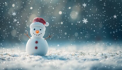 A cheerful snowman in a snowy landscape with falling snowflakes.