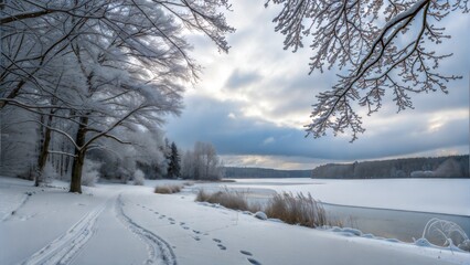 Obraz premium Calm Winter Lake Surrounded by Frosted Pine Trees and a Snowy Shore