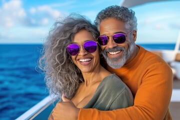 beautiful old Italian couple in love. A gray-haired man and a woman hug and laugh while riding a yacht
