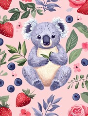 Seamless pattern with cartoon design of koala, strawberries, blueberries, roses and leaves on pink background.
