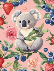 Seamless pattern with cartoon design of koala, strawberries, blueberries, roses and leaves on pink background.
