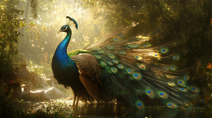Stunning peacock displaying vibrant feathers in a magical forest setting, illuminated by soft sunlight, copy space
