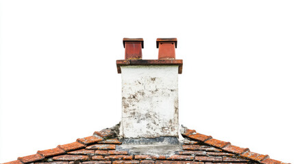 A weathered brick chimney with two red brick pots atop an old, rustic tiled roof against a stark white sky.