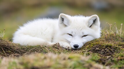 Obraz premium Resting Arctic Fox on Mossy Ground in Natural Habitat Looking Serene : Generative AI