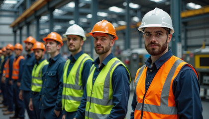 Labor Day celebration bringing together dedicated workers in safety gear at a bustling factory