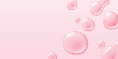 Soft pink background with glossy transparent jelly drops scattered across. Drops of various size and shape with air bubbles texture. Fresh delicate elegant border for beauty and skincare design.