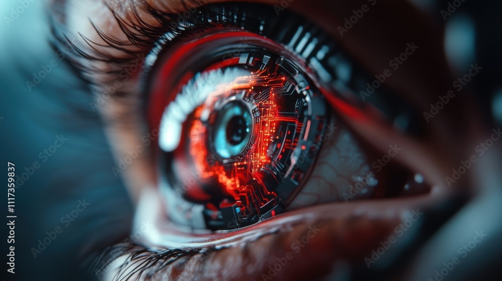 Poster close-up of a futuristic human eye with intricate circuits and glowing red patterns, symbolizing the