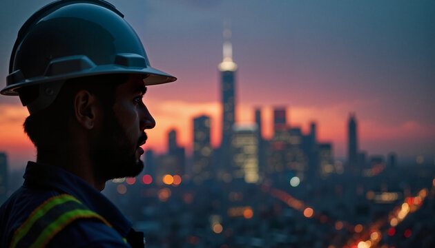 Workers celebrate Labor Day with pride overlooking the city skyline during a vibrant sunset