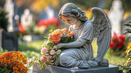 Angel statue with flowers in tranquil cemetery setting