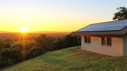 Sunrise over solar-powered cabin.

