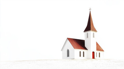 Minimalist image of a solitary white church with a red roof and steeple against a stark white background, evoking a sense of simplicity and tranquility.