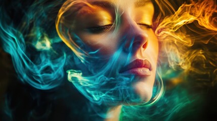 Mystical woman with vibrant colorful smoke swirls for creative art and meditation design Aura Awareness Day