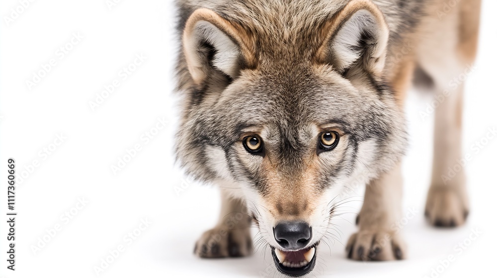 Poster intense grey wolf staring forward with fierce expression on white background : generative ai