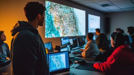 Team analyzing satellite maps in control room for geospatial research and data analysis GIS Day