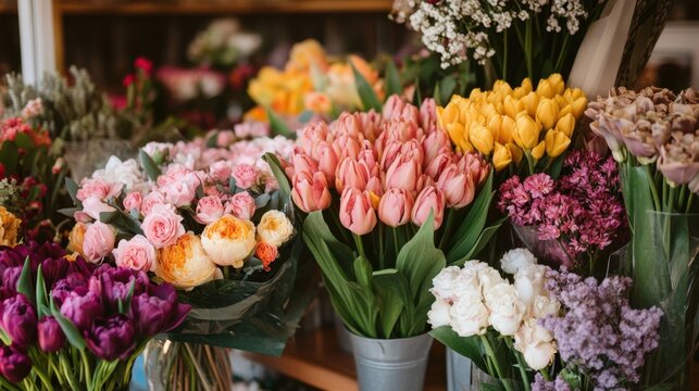 Colorful bouquet arrangement in florist shop displaying vibrant spring flowers New Zealand Flowers Week